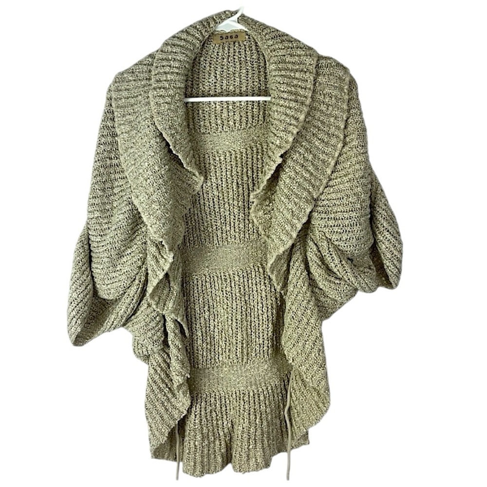 Saga textured tie front oval ruffled knit cardigan/wrap Sz 1